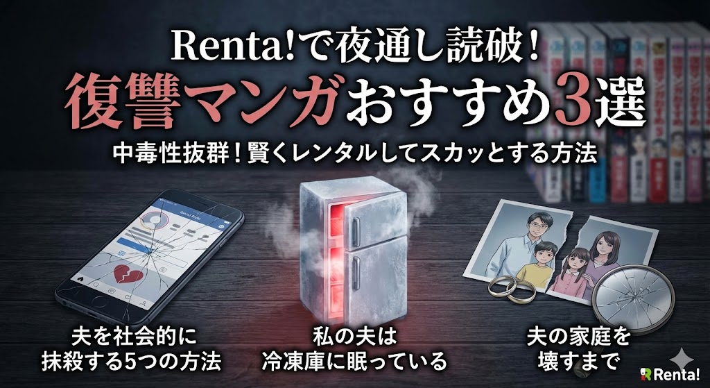 Renta!で読めるおすすめ復讐マンガ3選の比較まとめ画像。夫の家庭を壊すまで等の人気作を48時間レンタルで安く読む方法を解説するブログ用。