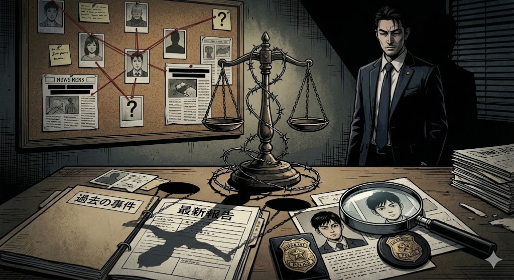 BRUTAL 殺人警察官の告白の壇浩輝の過去ネタバレ考察用画像。正義と狂気の境界に立つ壇と、闇に浮かび上がる捜査資料が物語の深淵を暗示しています。