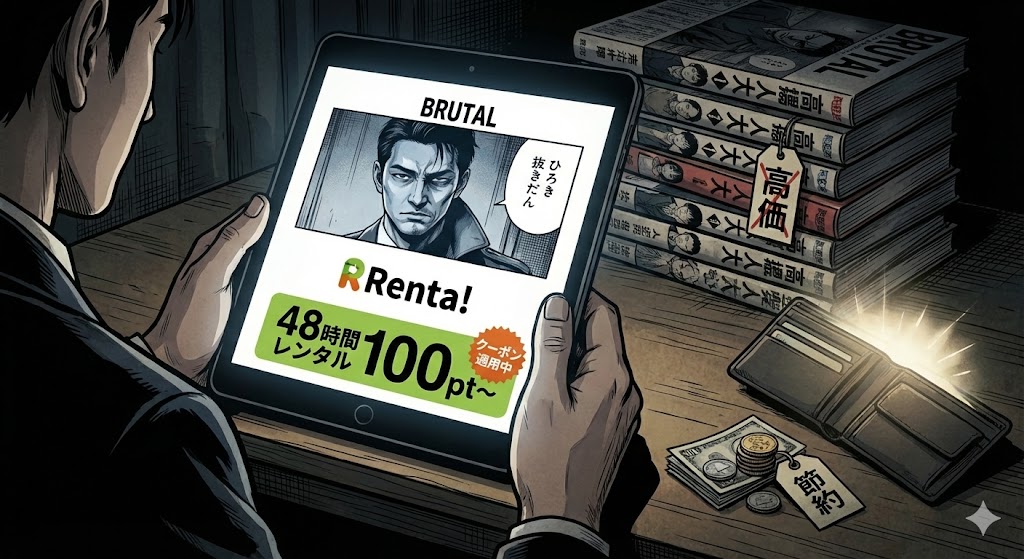 BRUTAL 殺人警察官の告白をRenta!の48時間レンタルで安く読む方法を解説する画像。高価な単行本と、タブレットでの節約レンタルを比較しています。