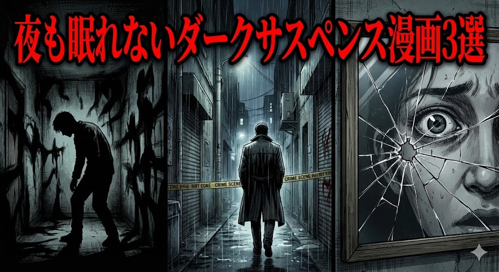 夜も眠れないほど刺激的なダークサスペンス漫画3選の解説画像。人気作の深淵を感じさせる、闇と光が交錯するノワール調のイラストです。