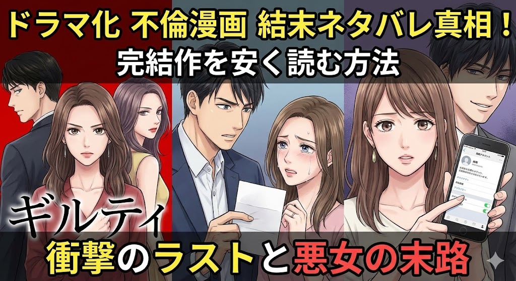 ドラマ化不倫漫画の結末ネタバレ真相を解説。完結作の衝撃的な復讐劇や悪女の末路を描いた、ドロ沼愛憎劇のまとめ記事用アイキャッチ画像。