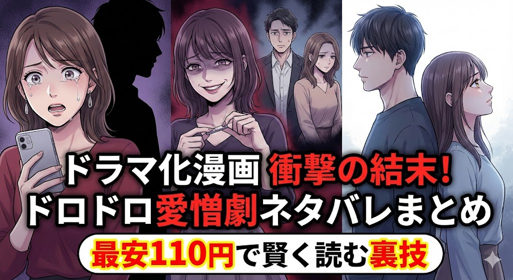 ドラマ化漫画のドロドロ結末をネタバレ解説。浮気や執着、レスに悩む男女の愛憎劇を描き、最安110円で賢くレンタルする節約術を伝えるアイキャッチ画像。