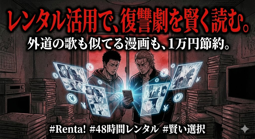 漫画「外道の歌」や似てる復讐劇をRenta!のレンタル活用で安く賢く読む方法を解説するイラスト。カモとトラ風の男たちがスマホで節約術を確認しています。