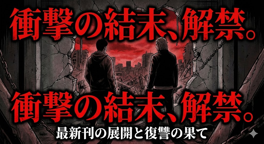漫画「外道の歌」や似てる復讐劇の衝撃的な結末と最新刊のネタバレを暗示するイラスト。カモとトラ風の男たちと荒廃した背景が描かれています。