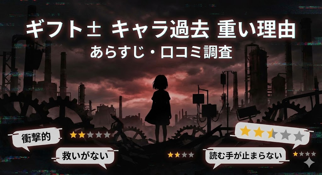 『Gift±』のキャラ過去が重い理由とあらすじ、口コミ調査を示す画像。廃墟の少女の背景に「衝撃的」「救いがない」といった感想や評価が並ぶ。