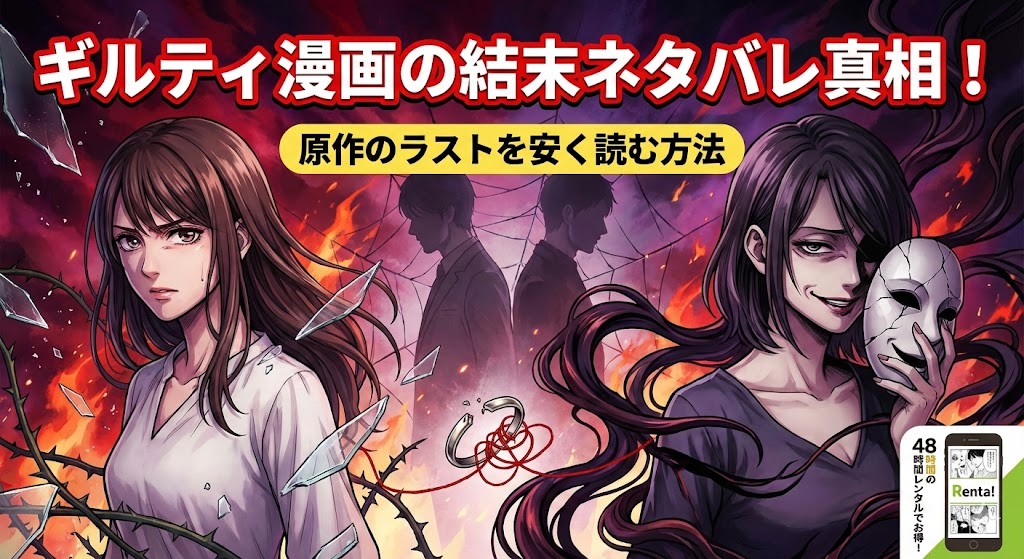 ブログ記事「ギルティ漫画の結末ネタバレ真相！原作のラストを安く読む方法」のアイキャッチ画像。左側に不安げな表情の荻野爽、右側に不敵な笑みで仮面を持つ瑠衣が描かれ、ドロドロとした愛憎渦巻く復讐劇の雰囲気を表現している。中央にはタイトルの文字、右下にはRenta!で「48時間レンタルでお得」を示すスマートフォン画面のイラストが配置されている。