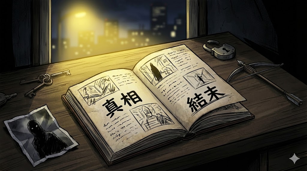『ヒル』の結末と真相を暗示するように、「真相」「結末」と書かれた開いた古いノートと、鍵やボウガンの矢が置かれたデスクのイラスト。