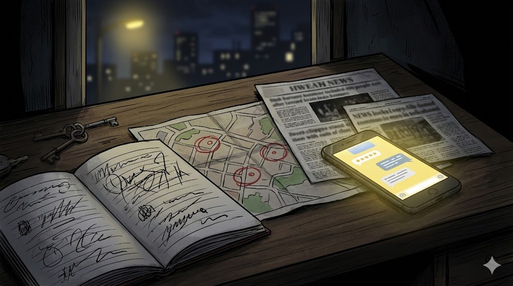 暗い部屋のデスクでスマホの口コミ画面や地図を広げ、『ヒル』の物語や評判を調査している様子を描いたサスペンス風イラスト。