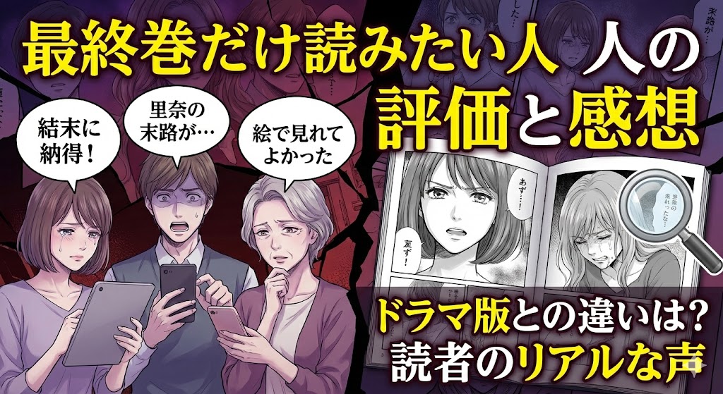 漫画ホリデイラブ最終巻を読んだ人の評価と感想。「結末に納得」「里奈の末路が」と驚く読者や、ドラマ版との違いを解説する漫画ページのイラスト画像。