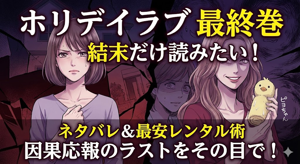 漫画「ホリデイラブ」最終巻の結末ネタバレを解説。杏寿と純平の再構築や、里奈の狂気シーンをイメージしたアイキャッチ画像。