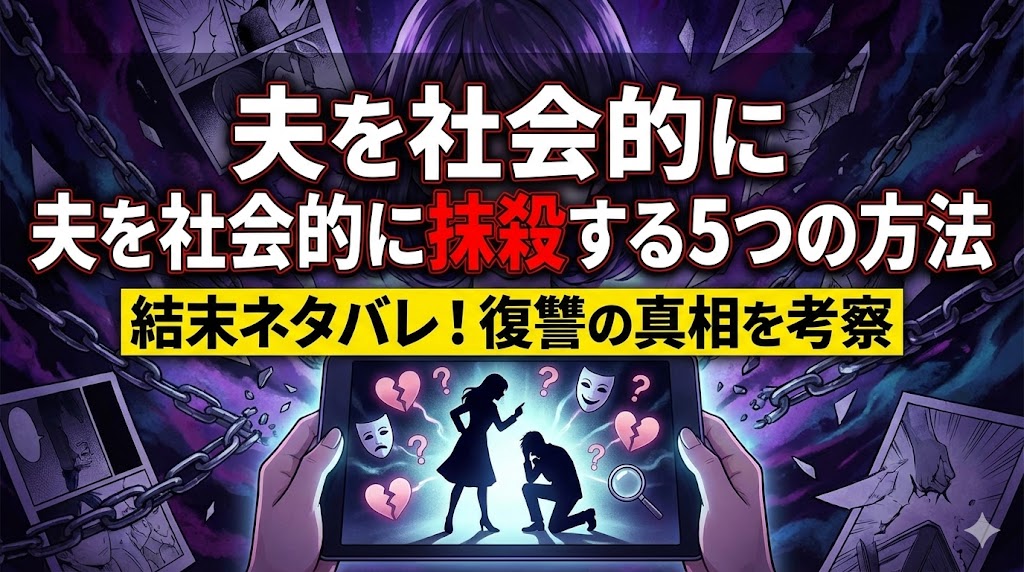 漫画『夫を社会的に抹殺する5つの方法』の結末ネタバレと真相を考察するアイキャッチ画像。全巻をRentaでお得に読む方法を提案するシリアスなイラスト。