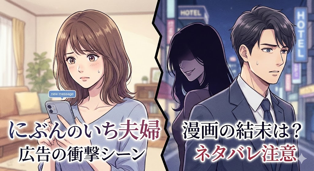 漫画「にぶんのいち夫婦」の広告の結末やネタバレを解説。スマホを見る妻とホテルの前の夫、背後に潜む怪しい女性が描かれたアイキャッチ画像。