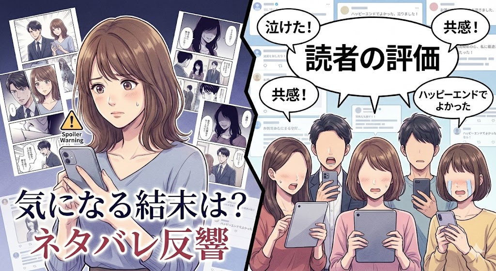 漫画「にぶんのいち夫婦」の気になる結末とネタバレへの反響、SNSでの読者のリアルな評価を視覚的に表現したイラスト画像。