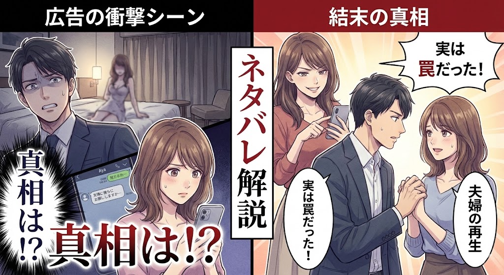漫画「にぶんのいち夫婦」広告の衝撃シーンと結末の真相を解説。スマホを確認する妻とホテルの前の夫、背後の怪しい女を描いたネタバレ解説用画像。