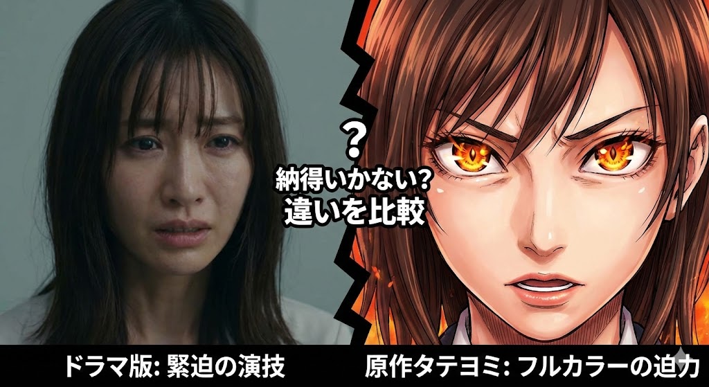 ドラマ版と原作漫画『夫の家庭を壊すまで』の違いを比較し、結末ネタバレに対する納得いかない評判の真相を解説する画像。