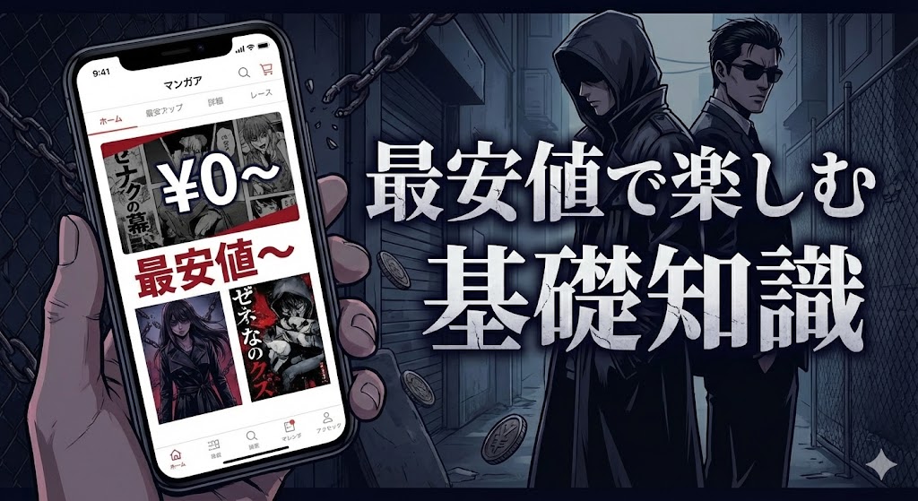 善悪の屑や外道の歌などの復讐漫画を最安値で楽しむ基礎知識の見出し用画像。スマホ画面で「¥0〜」「最安値」と表示されたマンガアプリと、路地裏に立つカモとトラ風の男たちのイラスト。