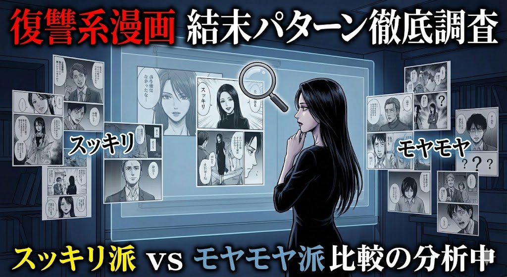 復讐系漫画の結末パターンを徹底調査するイラスト。スッキリ派とモヤモヤ派のコマが並び、「復讐の未亡人」のような作品の傾向を分析しています。