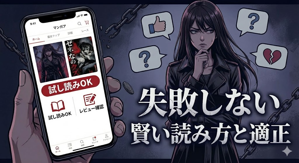 スマホの「試し読みOK」「レビュー確認」画面と、評価に悩む復讐漫画の女性を描いた、「失敗しない賢い読み方と適正」の見出し用イラスト。