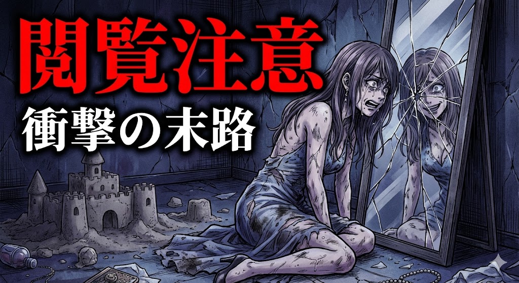 『サレタガワのブルー』の「閲覧注意 衝撃の末路」画像。全てを失い絶望するアイコのボロボロな姿と、崩れた砂の城、割れた鏡が描かれた悲惨な結末のイラスト。