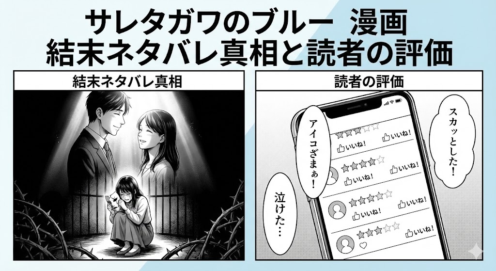 『サレタガワのブルー』の暢と藍子のイラスト。読者の評価を示す星やスマホのアイコンが並び、結末の真相やネタバレ情報を象徴するイメージ画像。