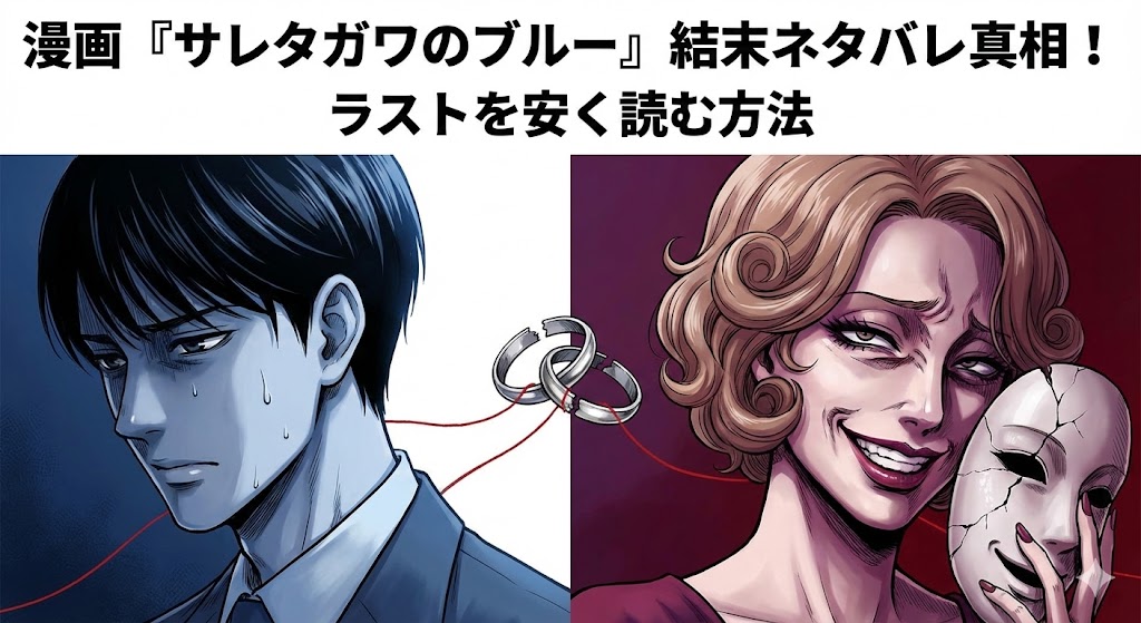 『サレタガワのブルー』のアイキャッチ。不敵に笑う不倫妻アイコと苦悩する暢の対比。結末のネタバレ真相やRentaでの安価なレンタルを訴求する画像。