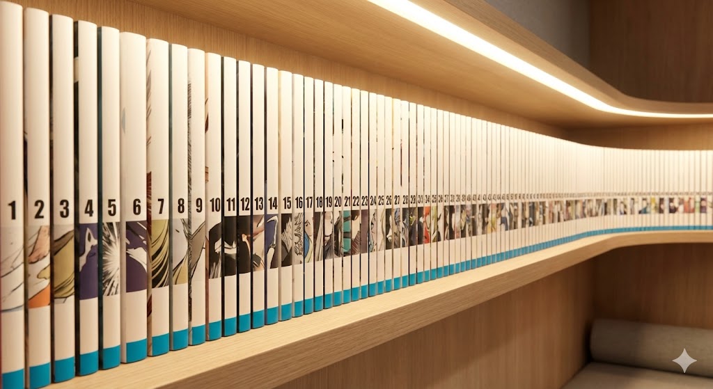 シーモア読み放題ライトでも読める巻数に制限はなく、対象作品であれば1巻から最終巻まで全て読み放題であることを、本棚に並んだシリーズ漫画で表現した画像。