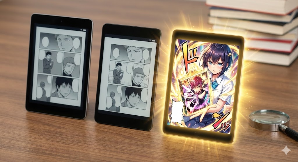 複数のタブレットが並び、右端の1台だけが黄金に輝くオリジナルマンガを表示している様子。他社サイトと比較した際のコミックシーモア独自の強みや先行配信作品の魅力を表現。