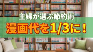 漫画本棚の背景に「主婦が選ぶ節約術」「漫画代を1/3に!」の文字が入った、電子書籍やレンタルで漫画代を安く抑える方法を解説する記事の画像。