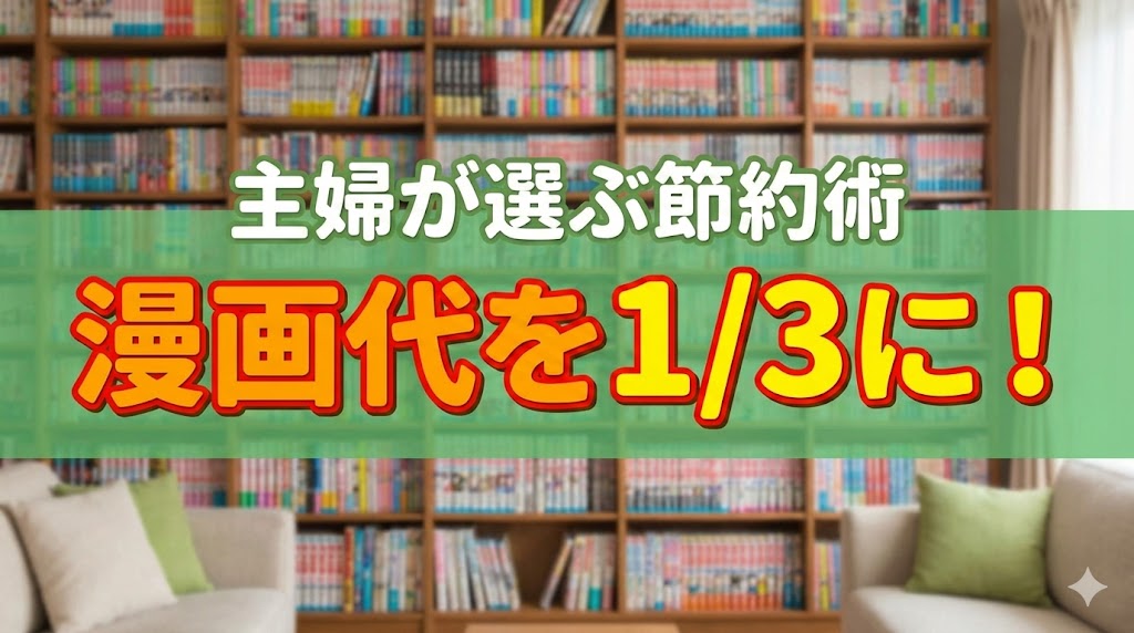 漫画本棚の背景に「主婦が選ぶ節約術」「漫画代を1/3に！」の文字が入った、電子書籍やレンタルで漫画代を安く抑える方法を解説する記事の画像。