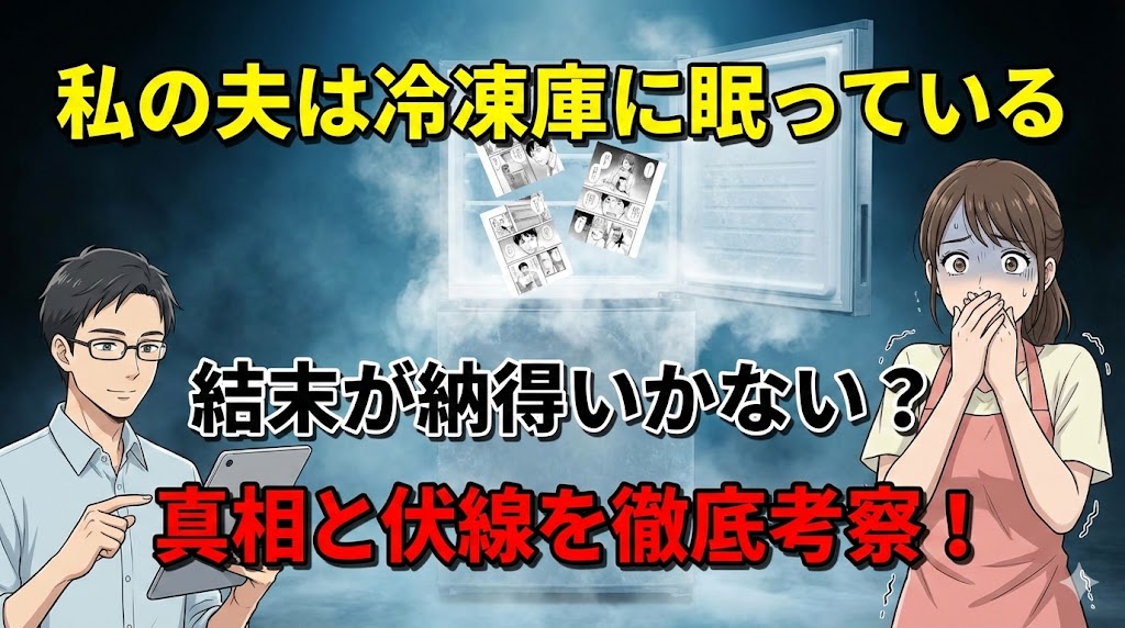 漫画「私の夫は冷凍庫に眠っている」の結末ネタバレ考察。納得いかない真相や伏線を解説するレビュー記事の、ハジメとマコが登場するアイキャッチ画像。