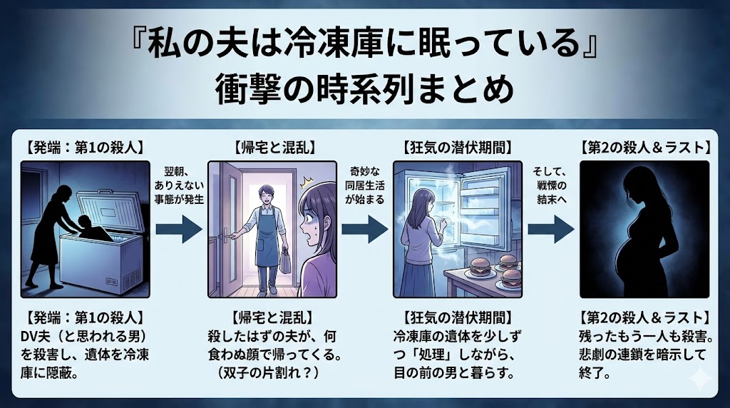 漫画「私の夫は冷凍庫に眠っている」の衝撃的な結末までの時系列をまとめたネタバレ図解。殺害から帰宅、そして最終回までの流れを分かりやすく解説した画像です。