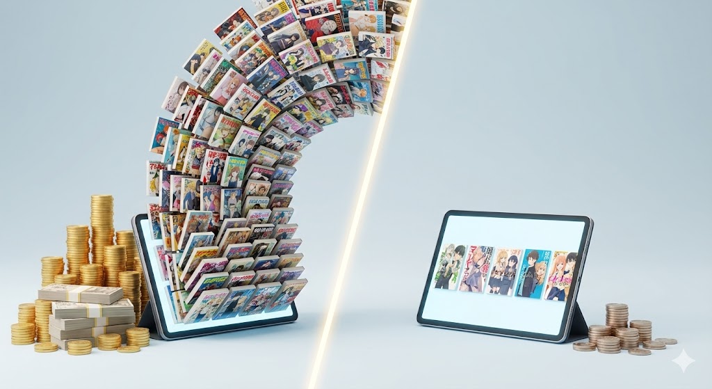 コミックシーモア読み放題のフルとライトの違いを月額料金と作品数で比較。1,480円と780円の各プランで読めるマンガのボリューム差を直感的に表した画像。