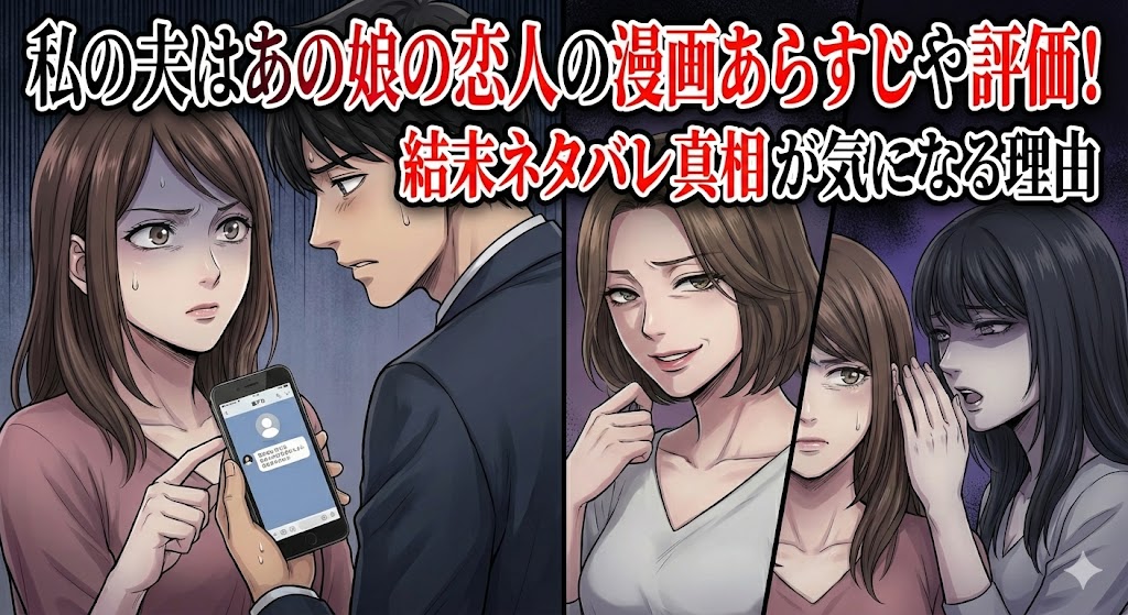 漫画「私の夫はあの娘の恋人」のあらすじや評価、結末ネタバレ真相が気になる理由を表現。幸せな夫婦の裏に潜む不倫の疑惑を描いたH2見出し用画像。