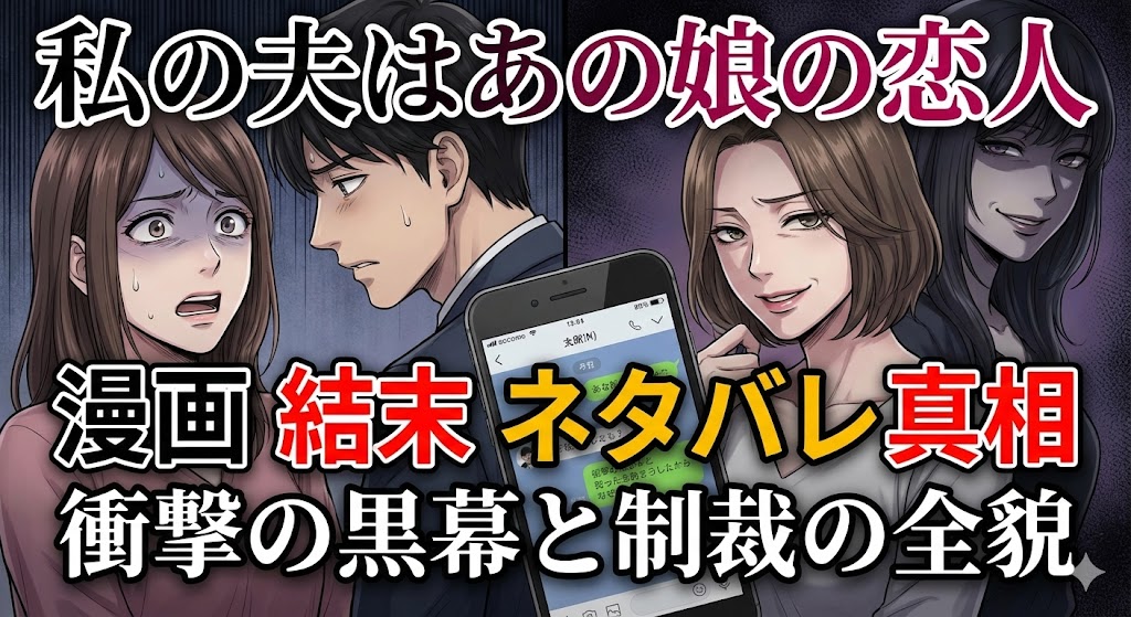 「私の夫はあの娘の恋人」の結末ネタバレ真相を詳しく解説。不倫夫の裏切りや親友の正体、ドロドロの復讐劇と衝撃の末路を表現したアイキャッチ画像。