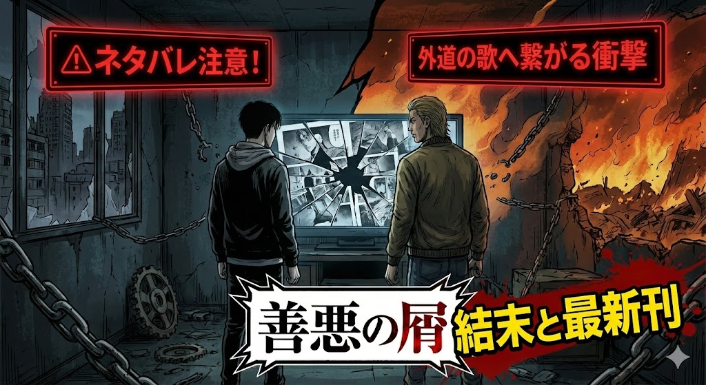 漫画「善悪の屑」の結末と続編への繋がりを描いたイメージ。購入vsレンタルの価格差とネタバレ考察の重要性を伝える、緊迫感のある構図です。