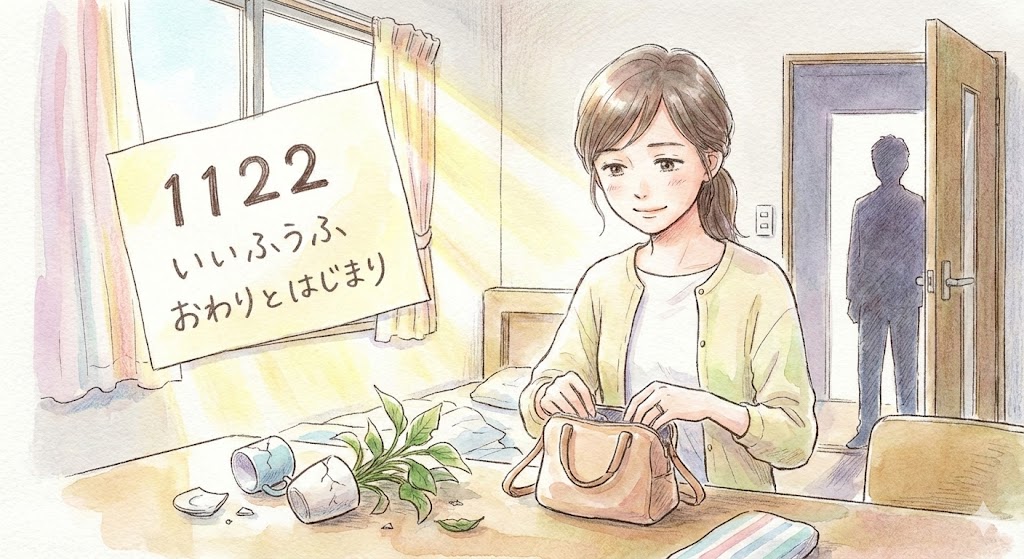 水彩画調の「1122」風イラスト。不条理な結末の中の救いをテーマに、荷造りする女性と壊れた品々、逆光の中に立つ夫の影を繊細な筆致で描いています。