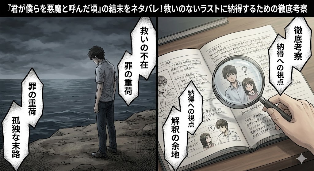 漫画『君が僕らを悪魔と呼んだ頃』の結末ネタバレと考察。救いのないラストにおける主人公の孤独な後ろ姿と、納得するための分析ノートを描写。