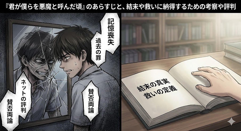 漫画『君が僕らを悪魔と呼んだ頃』のあらすじと評判を表現。記憶を失った主人公と、割れた鏡に映る過去の悪魔の姿、そして考察の書物を描く。