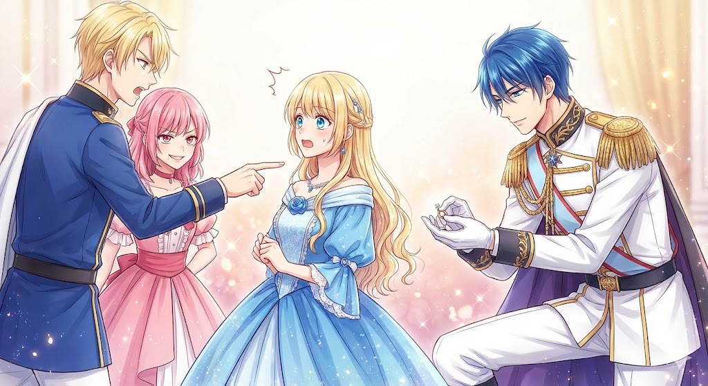 『悪役令嬢は隣国の王太子に溺愛される』断罪と逆転の結末シーン。ハルトナイツによる婚約破棄と、アクアスティードからの劇的な求婚の瞬間。

