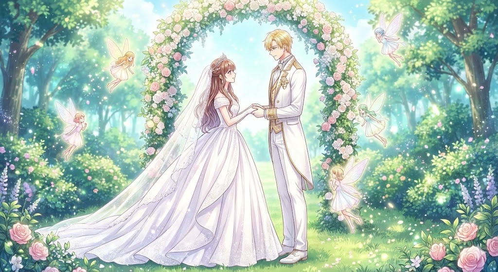 『悪役令嬢は隣国の王太子に溺愛される』結婚式の結末シーン。ティアラローズとアクアスティードが妖精たちに祝福され、幸せなエンディングを迎える様子。