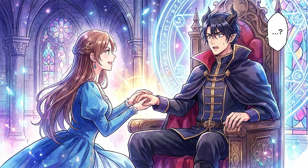 『悪役令嬢なのでラスボスを飼ってみました』の冒頭、アイリーンが魔王クロードに堂々と求婚する象徴的なシーンを描いた漫画イラスト。