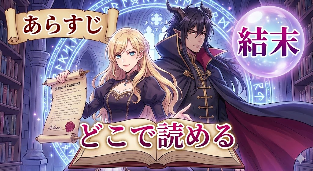 『悪ラス』のアイキャッチ。アイリーンとクロードを中心に、「あらすじ」「結末」「どこで読める」というキーワードが配置されたファンタジーなイラスト。