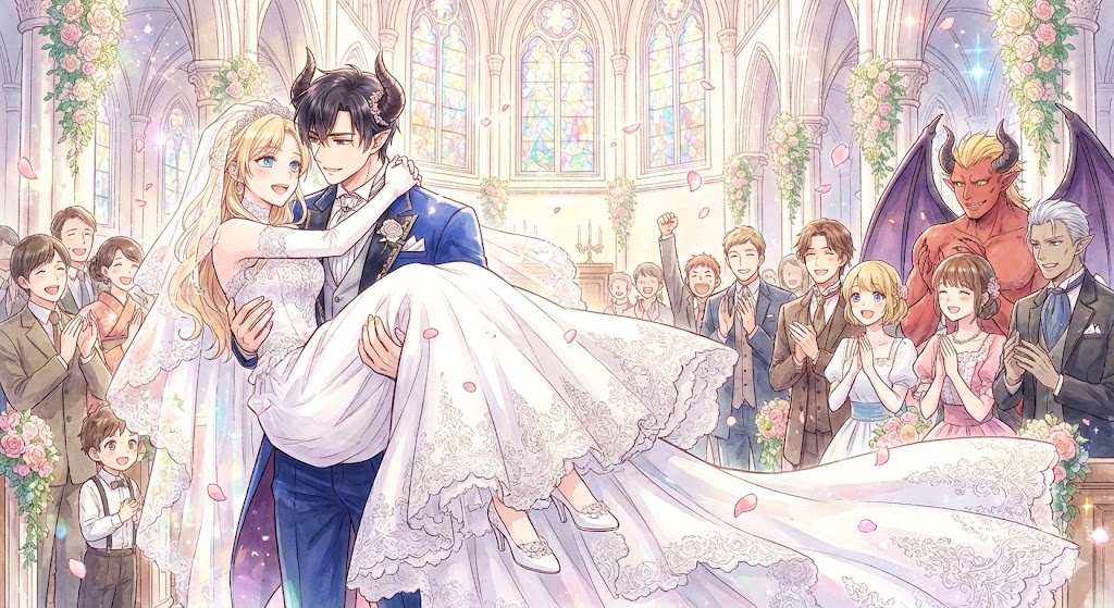 アイリーンとクロードが契約を交わす、『悪ラス』の結末を象徴する感動のラストシーン。二人の幸せな未来を予感させる美麗なイラスト。