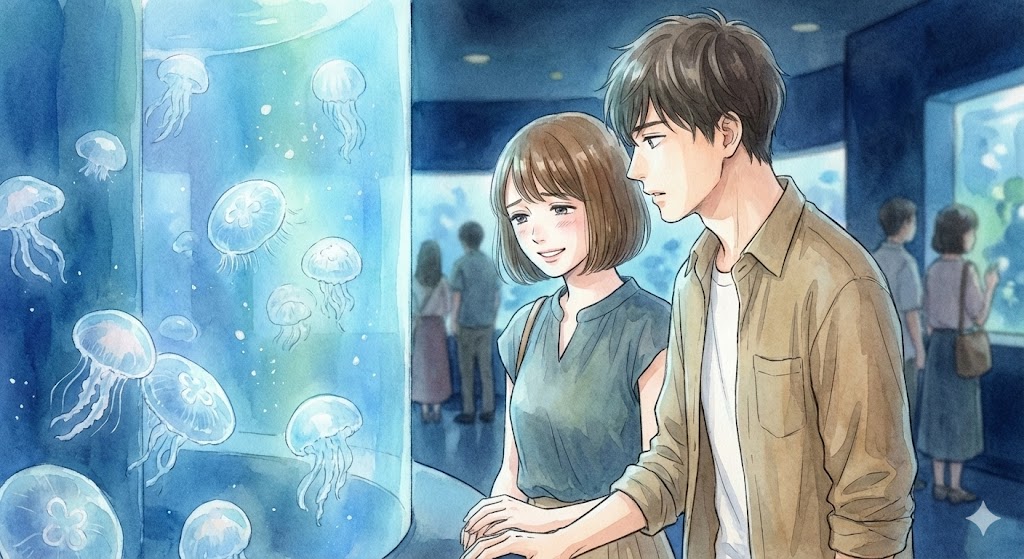 あなたがしてくれなくても原作漫画の象徴的な水族館デートシーン。みちと誠がクラゲの水槽の前で佇む、切ない関係性を描いたマンガ風イラスト。