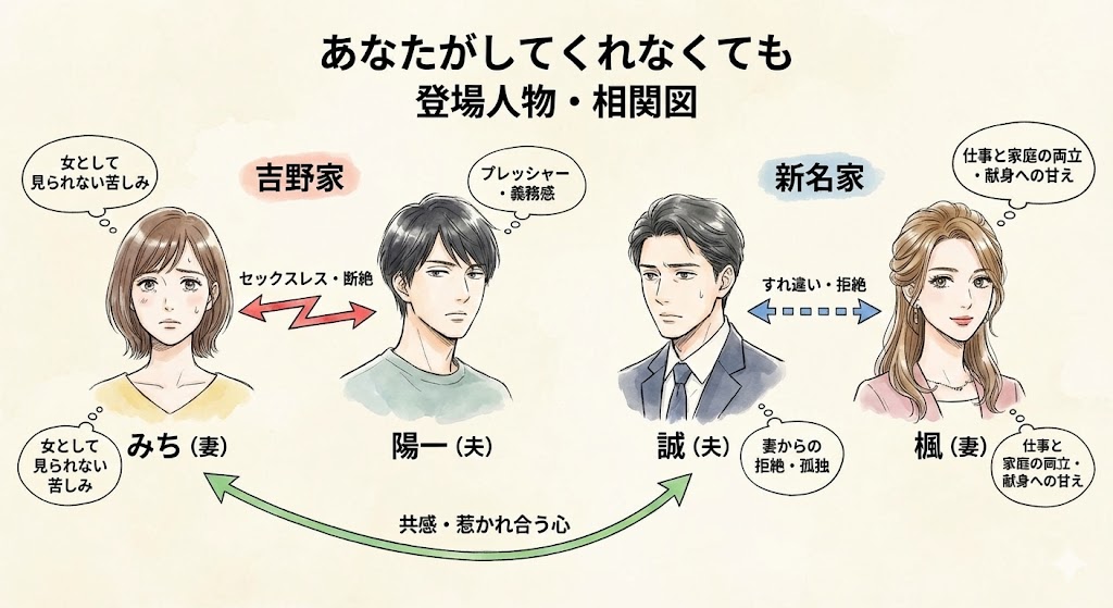 あなたがしてくれなくても主要キャラの相関図。吉野家と新名家の二組の夫婦が抱える複雑な人間関係と心の距離感を表現したキャラクター一覧イラスト。