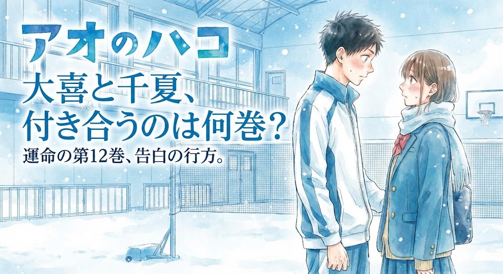 『アオのハコ』大喜と千夏が雪の中で見つめ合うアイキャッチ。「付き合うのは何巻？」という問いと「運命の第12巻」という答えが記載されている。