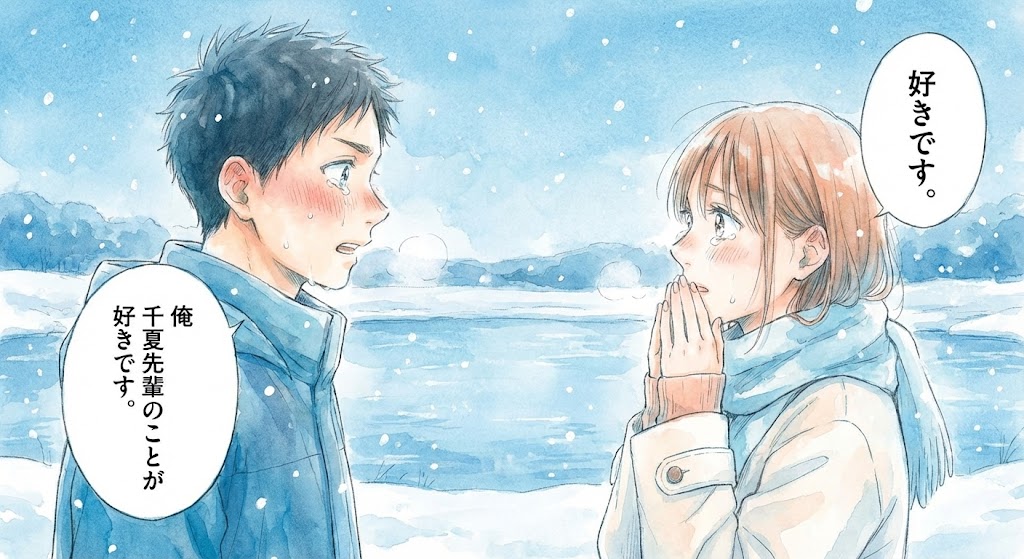 『アオのハコ』第12巻、雪の湖畔での告白シーン。大喜の真っ直ぐな言葉と、それを受け止める千夏の表情を繊細なタッチで描いた感動の一枚。