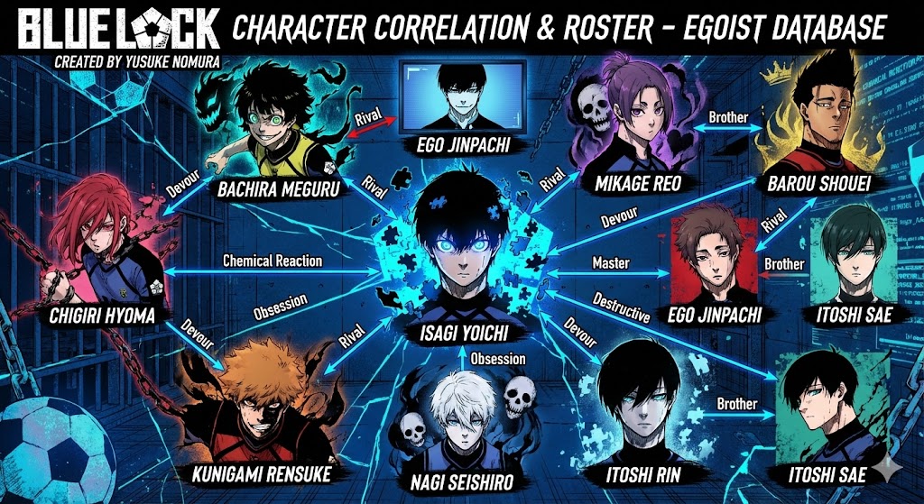 『ブルーロック』の登場人物相関図。潔世一を中心に、蜂楽廻や糸師凛などのエゴイストたちの複雑な関係をスタイリッシュに図解したイラスト。
