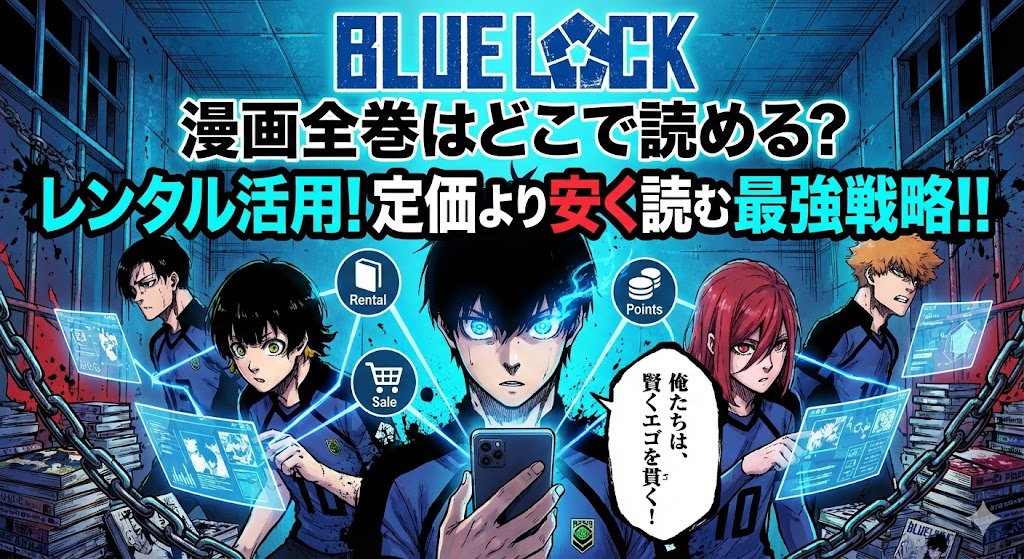 『ブルーロック』全巻を安く読むための最強戦略。潔世一たちがスマホやデジタル画面でレンタルやセールを比較し、賢く漫画を読むための方法を模索するイラスト。