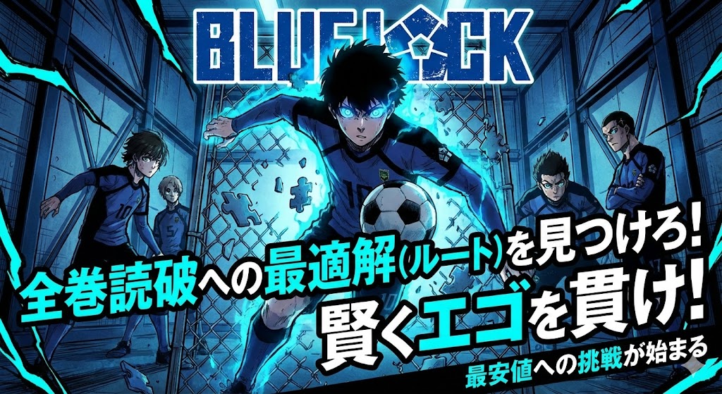 『ブルーロック』全巻読破への最適解を見つけろ！賢くエゴを貫き、最安値で漫画を読むための挑戦を表現した、潔世一の迫力あるイラスト。